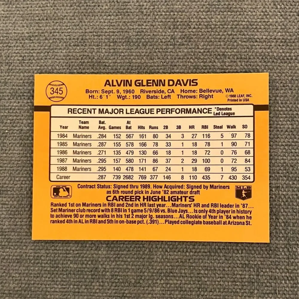 1989 Donruss Seattle Mariners Baseball Card Trading Card
